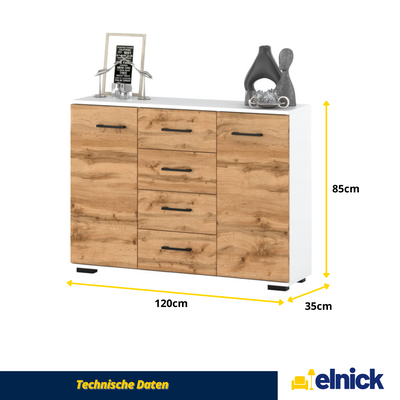MARK - Kommode / Sideboard mit 4 Schubladen und 2 Türen - Weiß Matt / Wotan Eiche