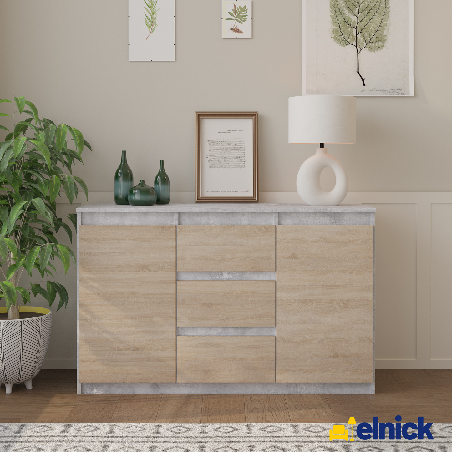 MIKEL - Kommode / Sideboard mit 3 Schubladen und 2 Türen - Beton-Optik / Sonoma Eiche