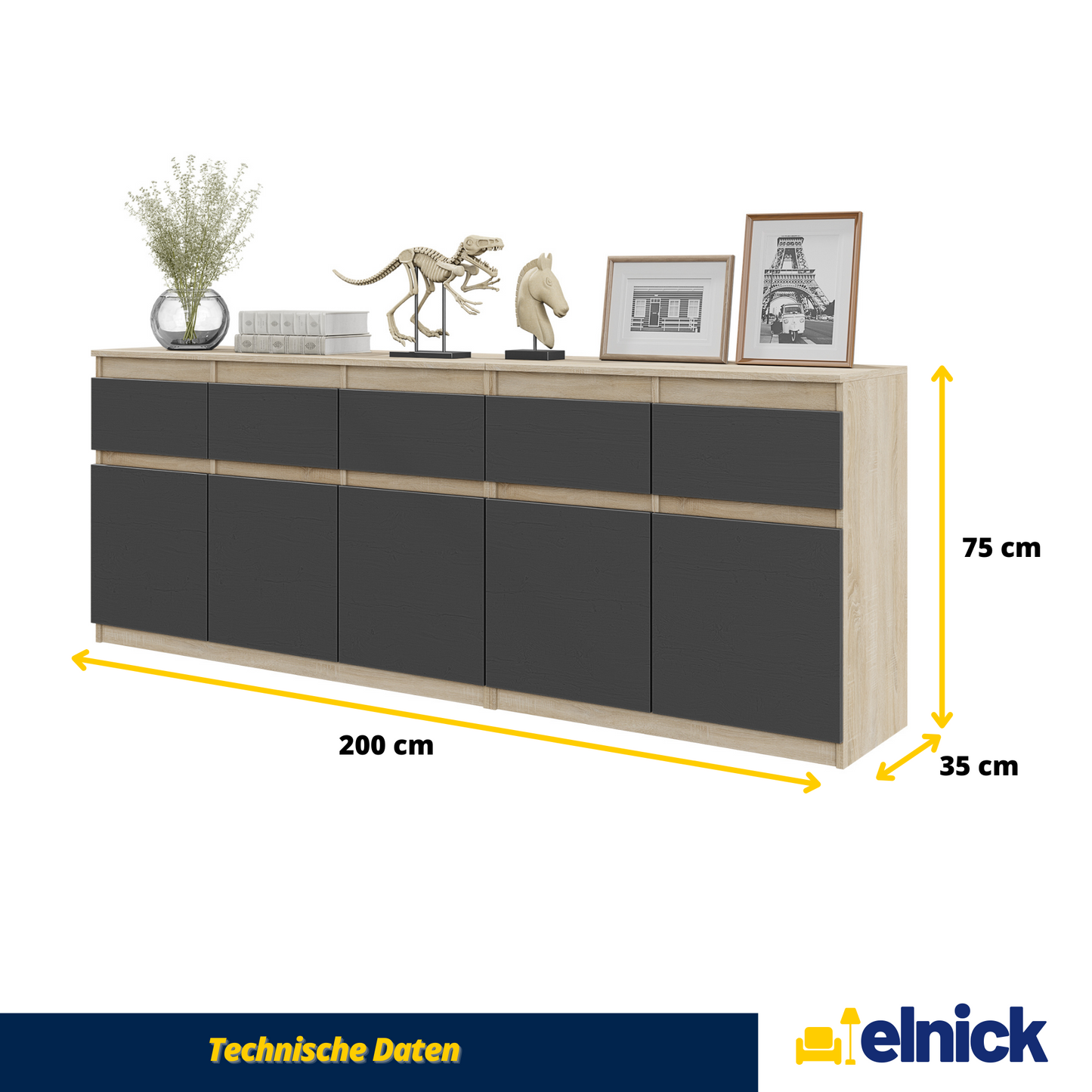 NOAH - Kommode / Sideboard mit 5 Schubladen und 5 Türen - Sonoma Eiche / Anthrazit Grau