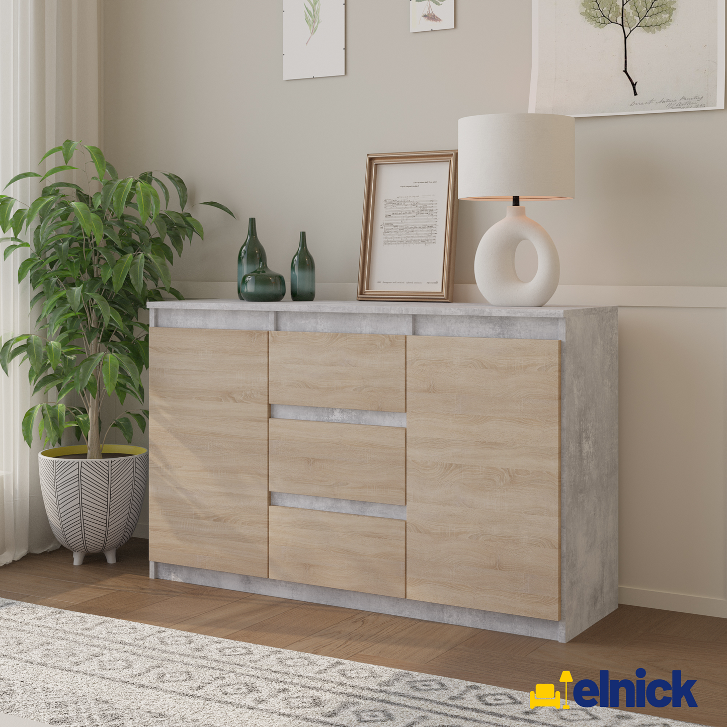MIKEL - Kommode / Sideboard mit 3 Schubladen und 2 Türen - Beton-Optik / Sonoma Eiche
