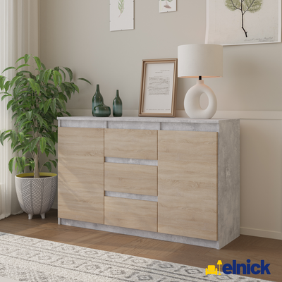 MIKEL - Kommode / Sideboard mit 3 Schubladen und 2 Türen - Beton-Optik / Sonoma Eiche
