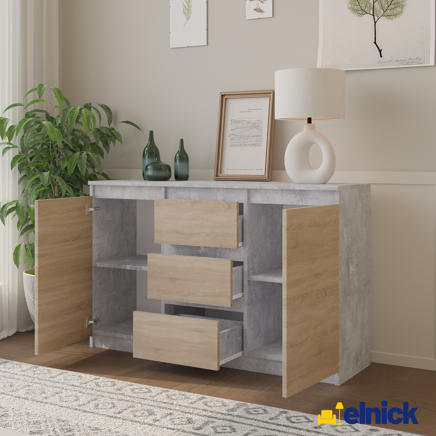 MIKEL - Kommode / Sideboard mit 3 Schubladen und 2 Türen - Beton-Optik / Sonoma Eiche