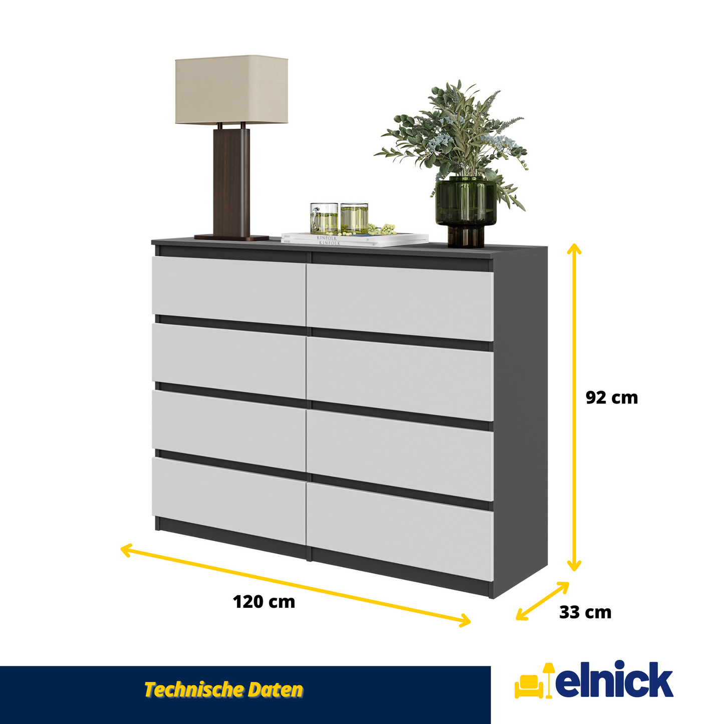 GABRIEL - Kommode / Sideboard mit 8 Schubladen - Anthrazit / Weiß Matt H92cm B120cm T33cm