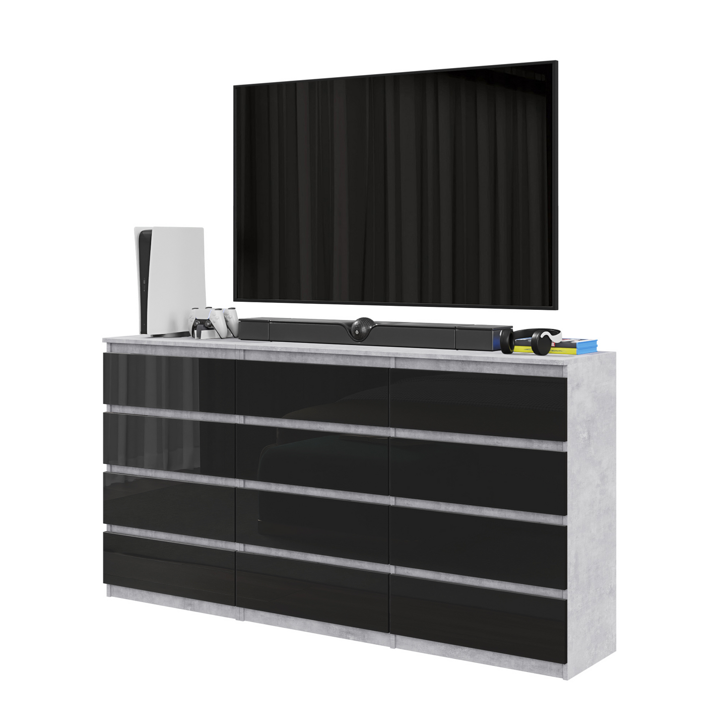 GABRIEL - Kommode / Sideboard mit 12 Schubladen (8+4) - Beton-Optik / Schwarz Gloss