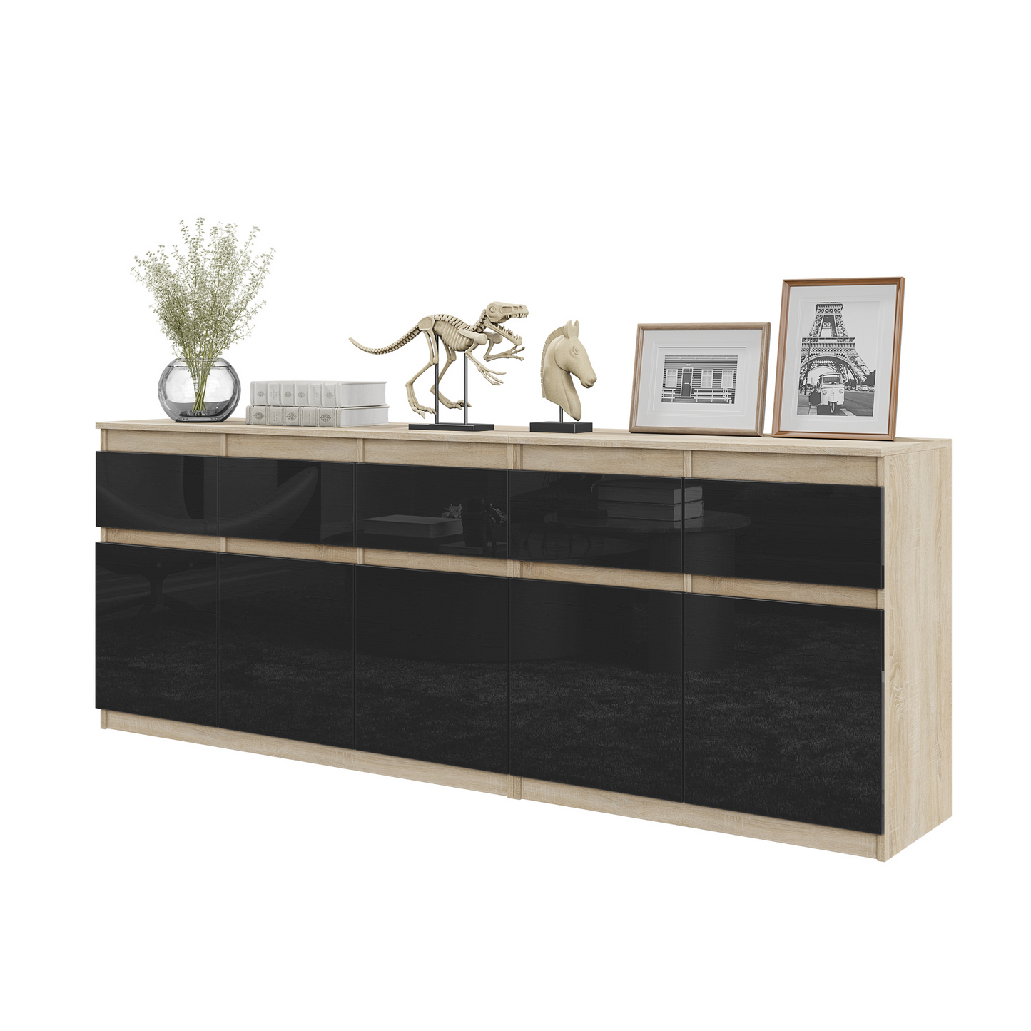 NOAH - Kommode / Sideboard mit 5 Schubladen und 5 Türen - Sonoma Eiche / Schwarz Gloss