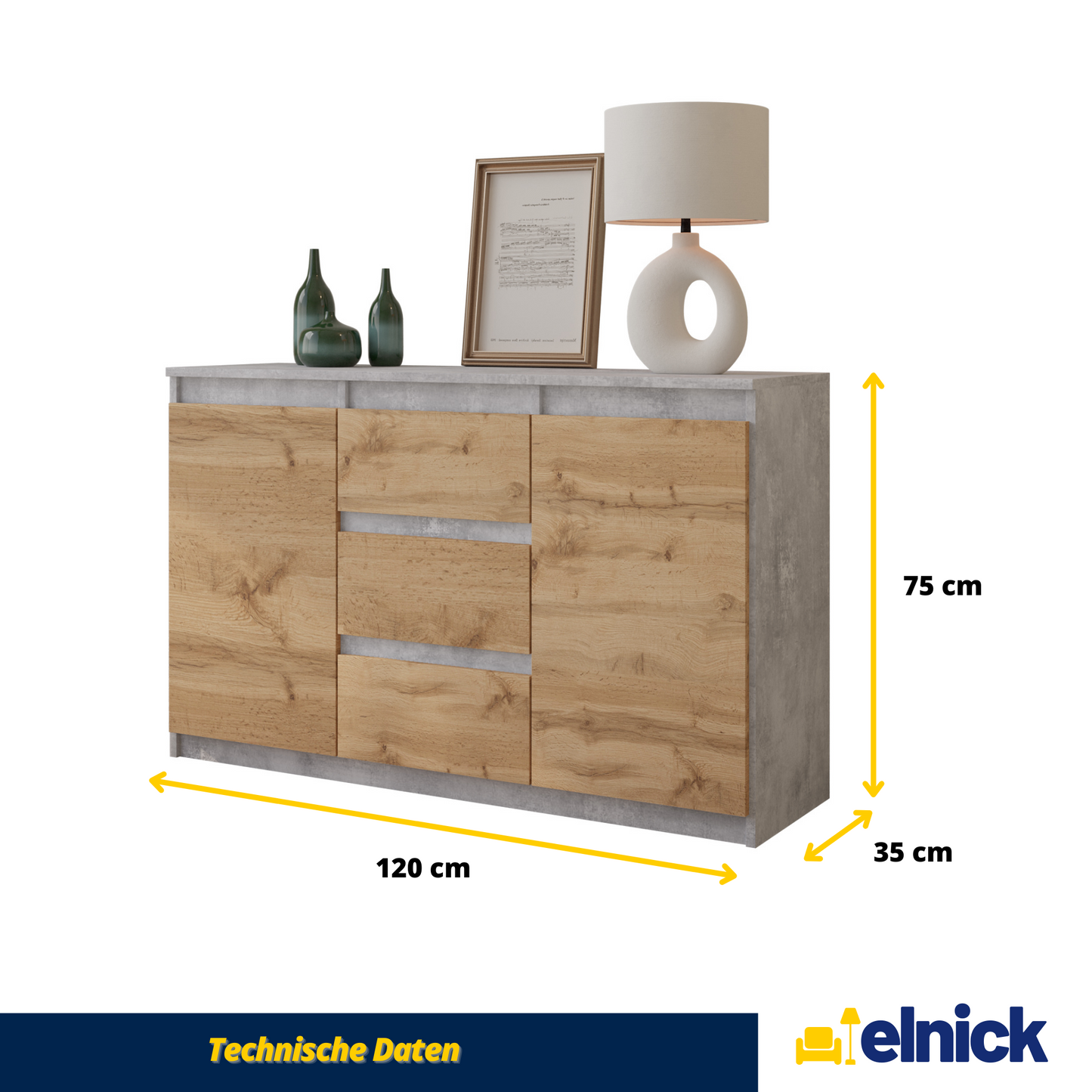 MIKEL - Kommode / Sideboard mit 3 Schubladen und 2 Türen - Beton-Optik / Wotan Eiche