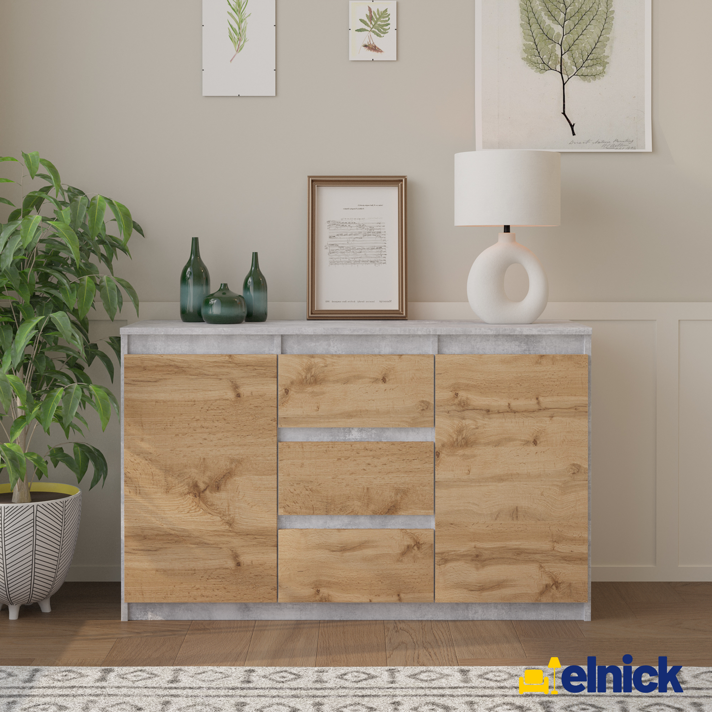 MIKEL - Kommode / Sideboard mit 3 Schubladen und 2 Türen - Beton-Optik / Wotan Eiche