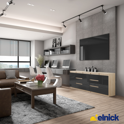 MIKEL - Kommode / Sideboard mit 6 Schubladen und 3 Türen - Sonoma Eiche / Schwarz Gloss