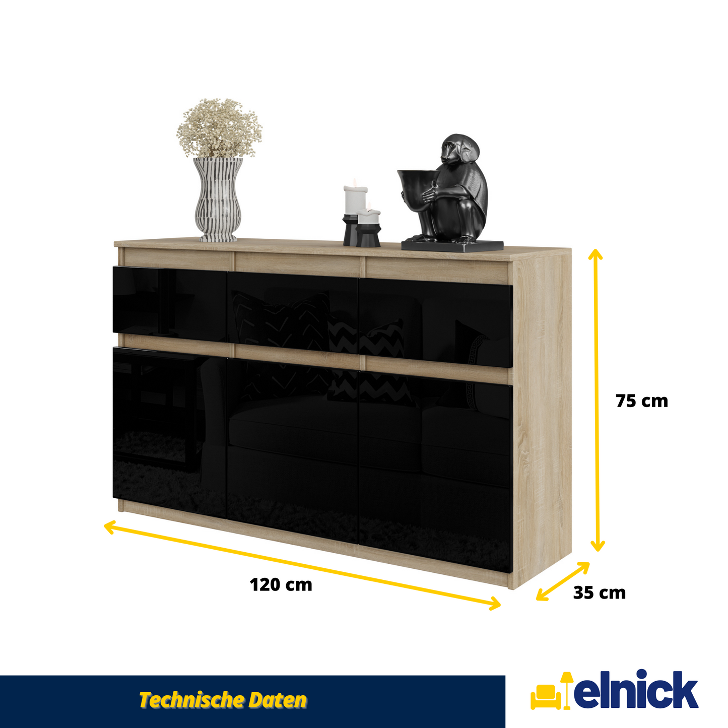 NOAH - Kommode / Sideboard mit 3 Schubladen und 3 Türen - Sonoma Eiche / Schwarz Gloss