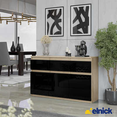 NOAH - Kommode / Sideboard mit 3 Schubladen und 3 Türen - Sonoma Eiche / Schwarz Gloss