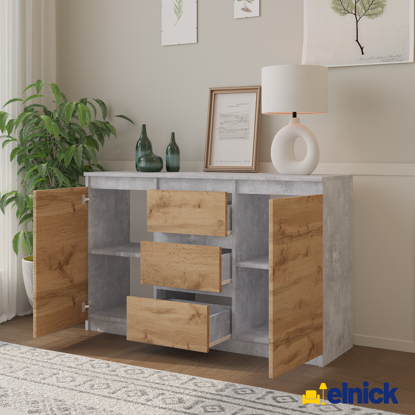 MIKEL - Kommode / Sideboard mit 3 Schubladen und 2 Türen - Beton-Optik / Wotan Eiche