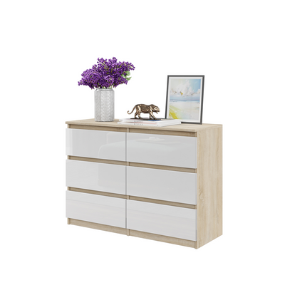 GABRIEL - Kommode / Sideboard mit 6 Schubladen - Sonoma Eiche / Weiß Glanz H71cm B100cm T33cm