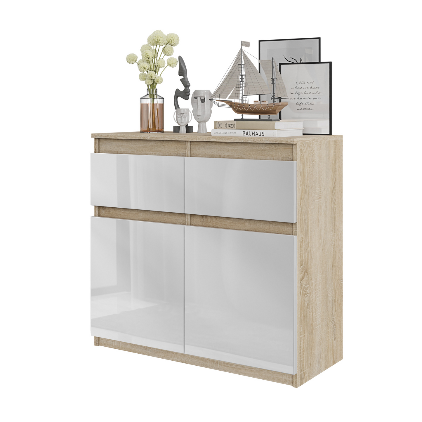 NOAH - Kommode / Sideboard mit 2 Schubladen und 2 Türen - Sonoma Eiche / Weiß Gloss