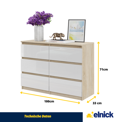 GABRIEL - Kommode / Sideboard mit 6 Schubladen - Sonoma Eiche / Weiß Glanz H71cm B100cm T33cm