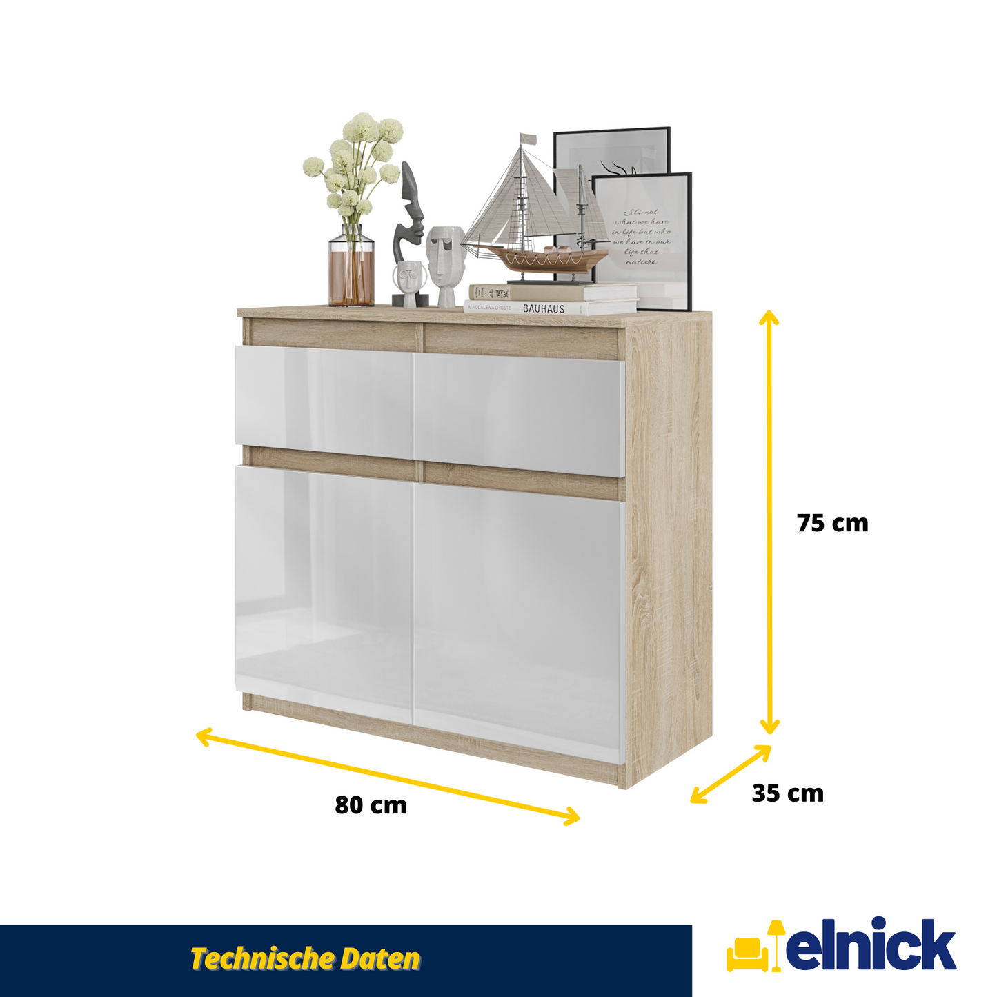NOAH - Kommode / Sideboard mit 2 Schubladen und 2 Türen - Sonoma Eiche / Weiß Gloss