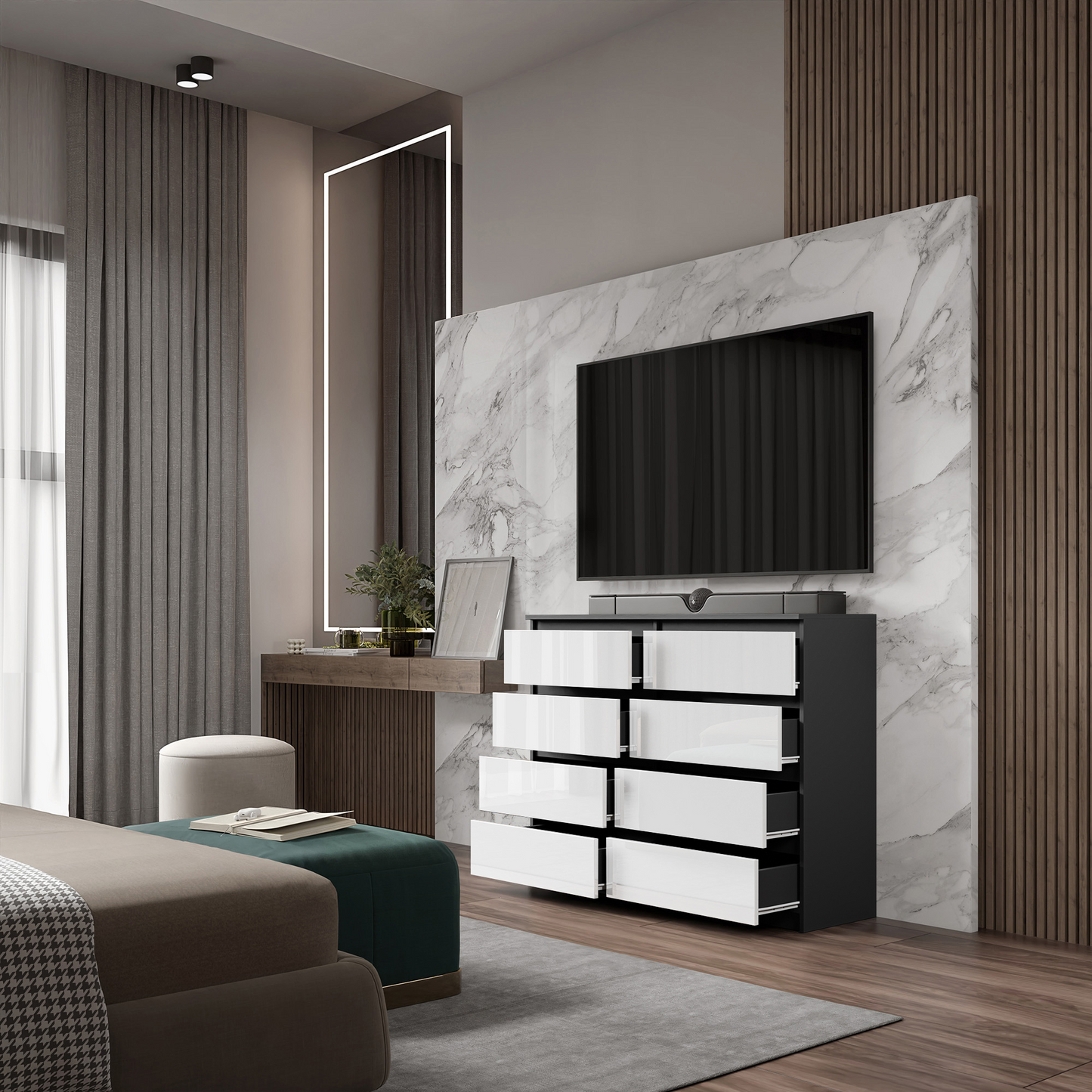 GABRIEL - Kommode / Sideboard mit 8 Schubladen - Anthrazit / Weiß Glanz H92cm B120cm T33cm