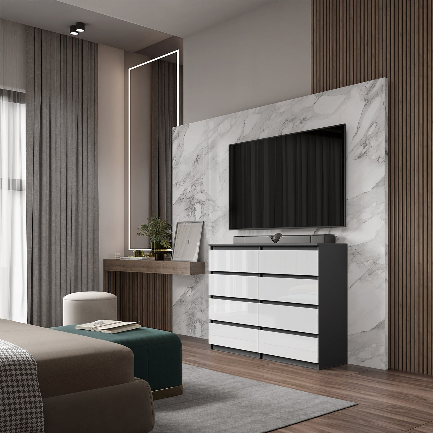 GABRIEL - Kommode / Sideboard mit 8 Schubladen - Anthrazit / Weiß Glanz H92cm B120cm T33cm