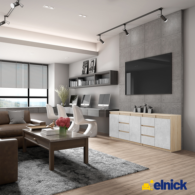 MIKEL - Kommode / Sideboard mit 6 Schubladen und 3 Türen - Sonoma Eiche / Beton-Optik