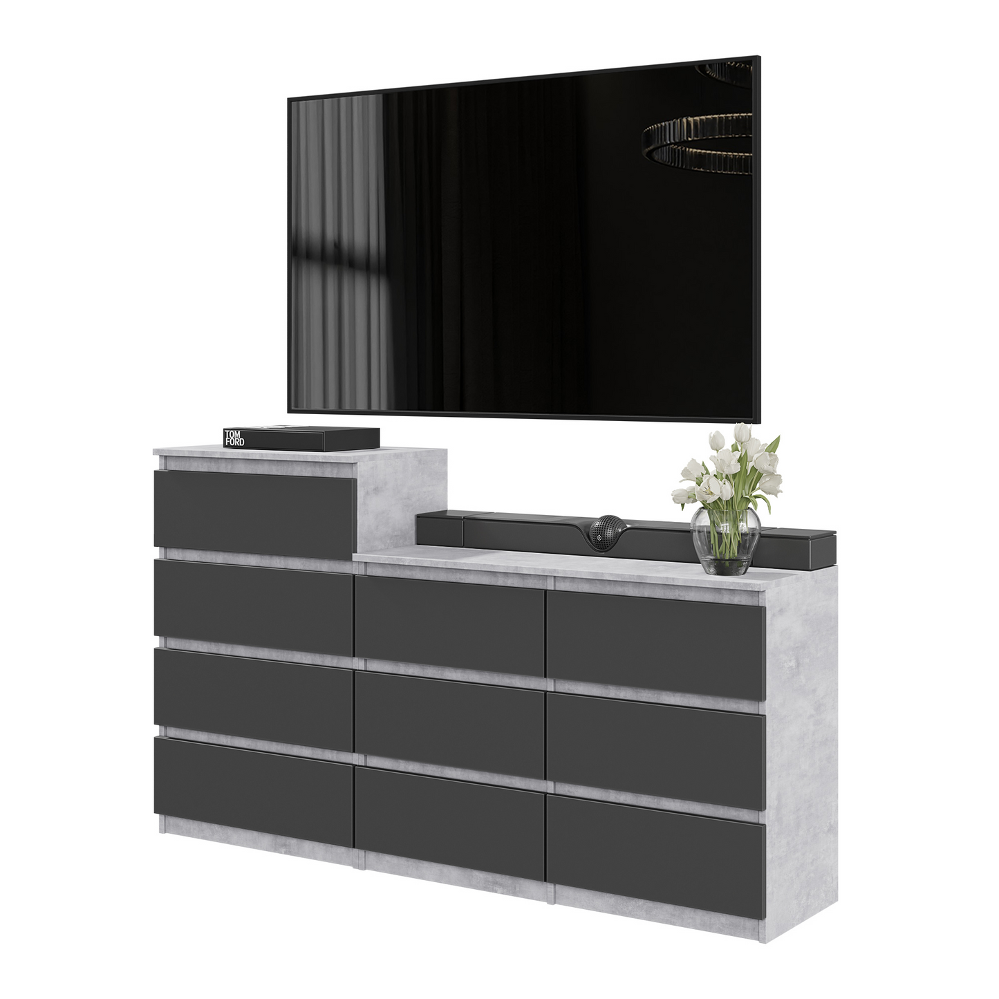 GABRIEL - Kommode / Sideboard mit 10 Schubladen (6+4) - Beton-Optik / Anthrazit