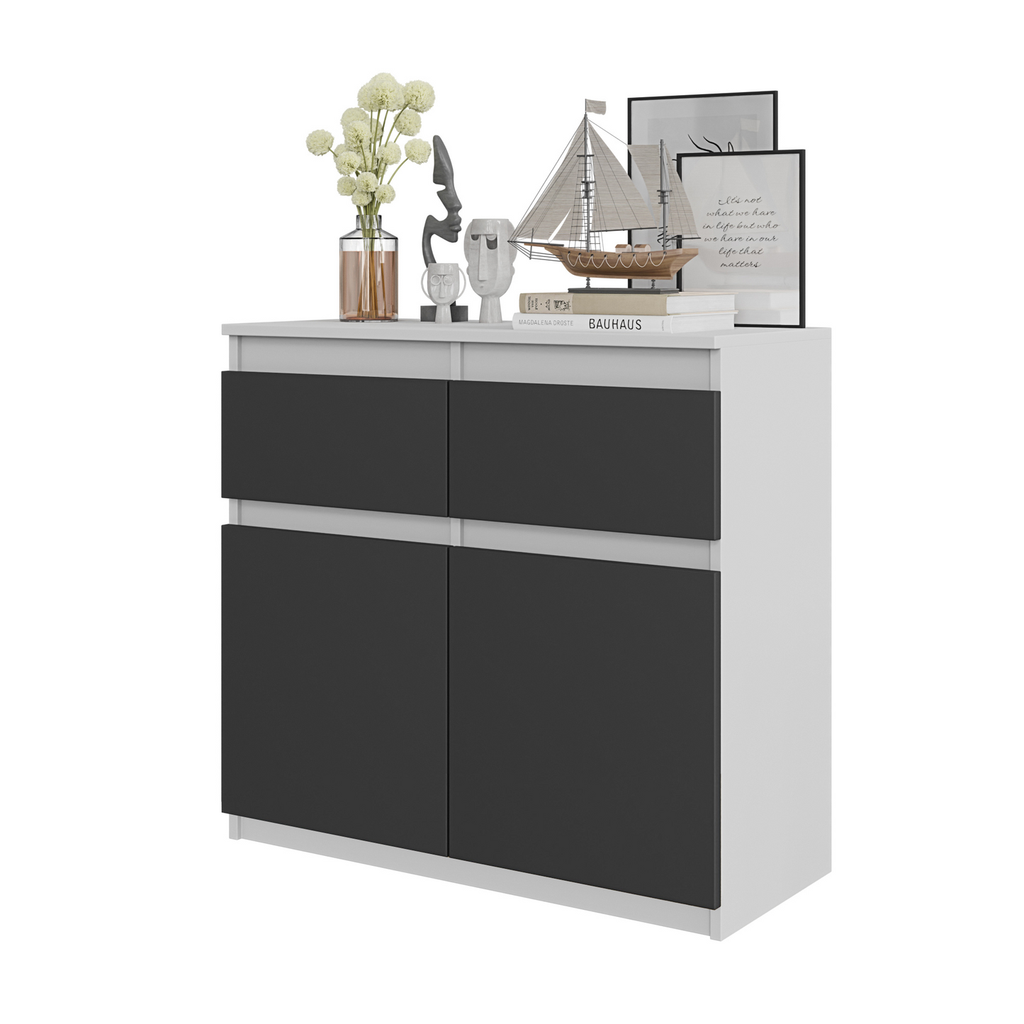 NOAH - Kommode / Sideboard mit 2 Schubladen und 2 Türen - Weiß Matt / Anthrazit Grau