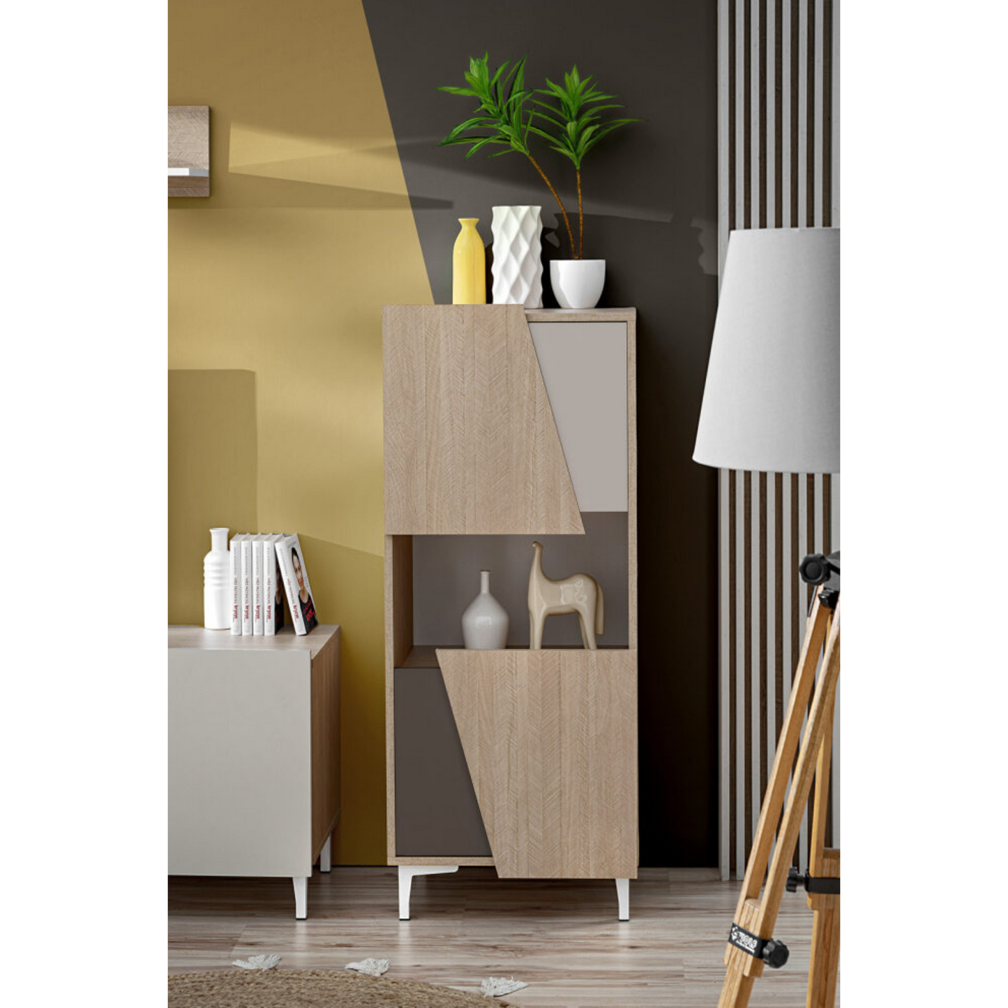 Wohnwand VISTE - Wohnzimmer-Möbel-Set - Skandi / Trüffel / Weiß Hochglanz