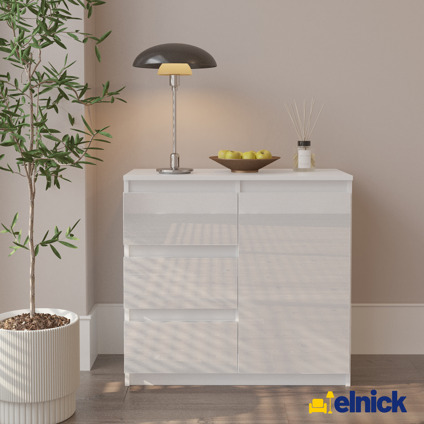 MIKEL - Kommode / Sideboard mit 3 Schubladen und 1 Tür - Weiß Matt / Weiß Gloss