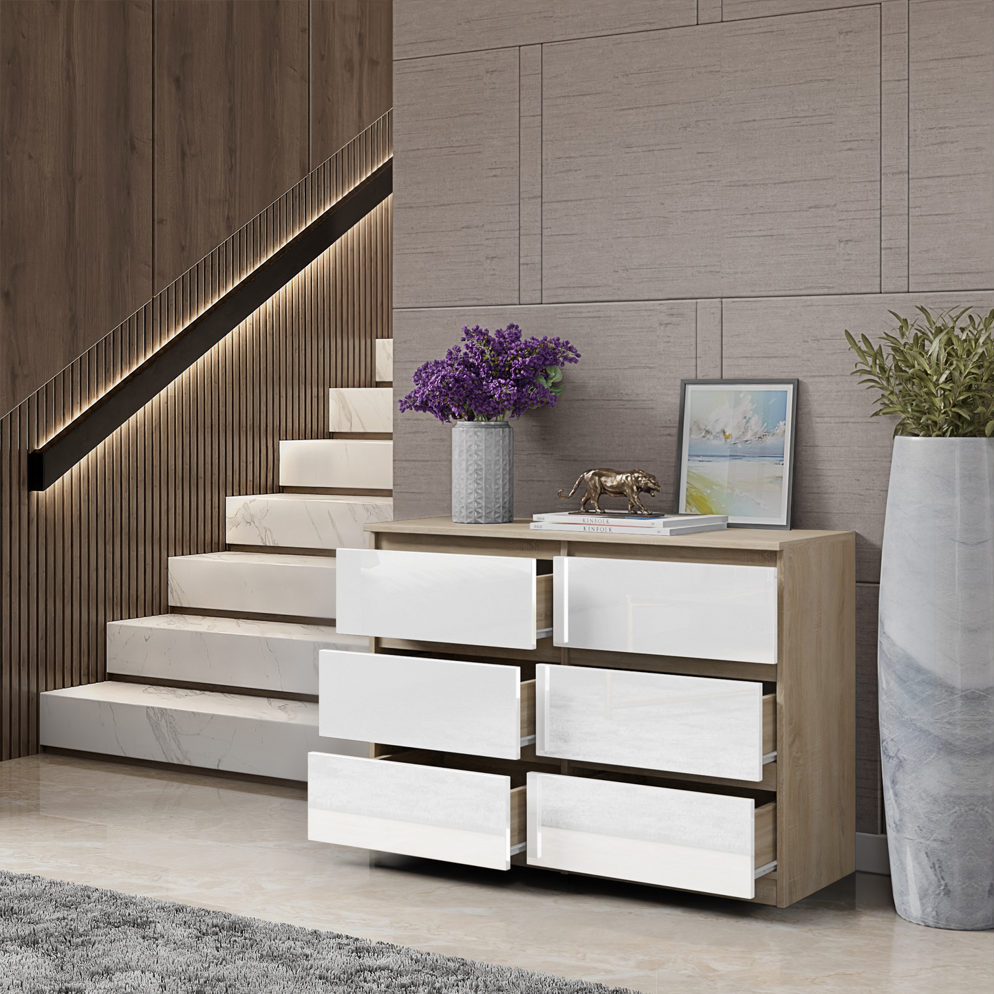 GABRIEL - Kommode / Sideboard mit 6 Schubladen - Sonoma Eiche / Weiß Glanz H71cm B100cm T33cm