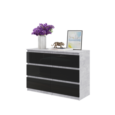 GABRIEL - Kommode / Sideboard mit 6 Schubladen - Beton / Schwarz Glanz H71cm B100cm T33cm