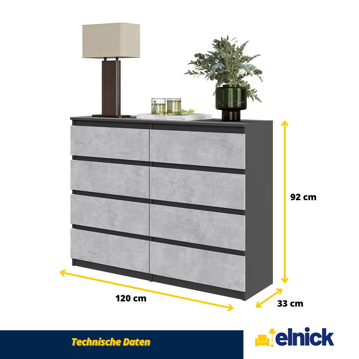 GABRIEL - Kommode / Sideboard mit 8 Schubladen - Anthrazit / Concrete H92cm B120cm T33cm