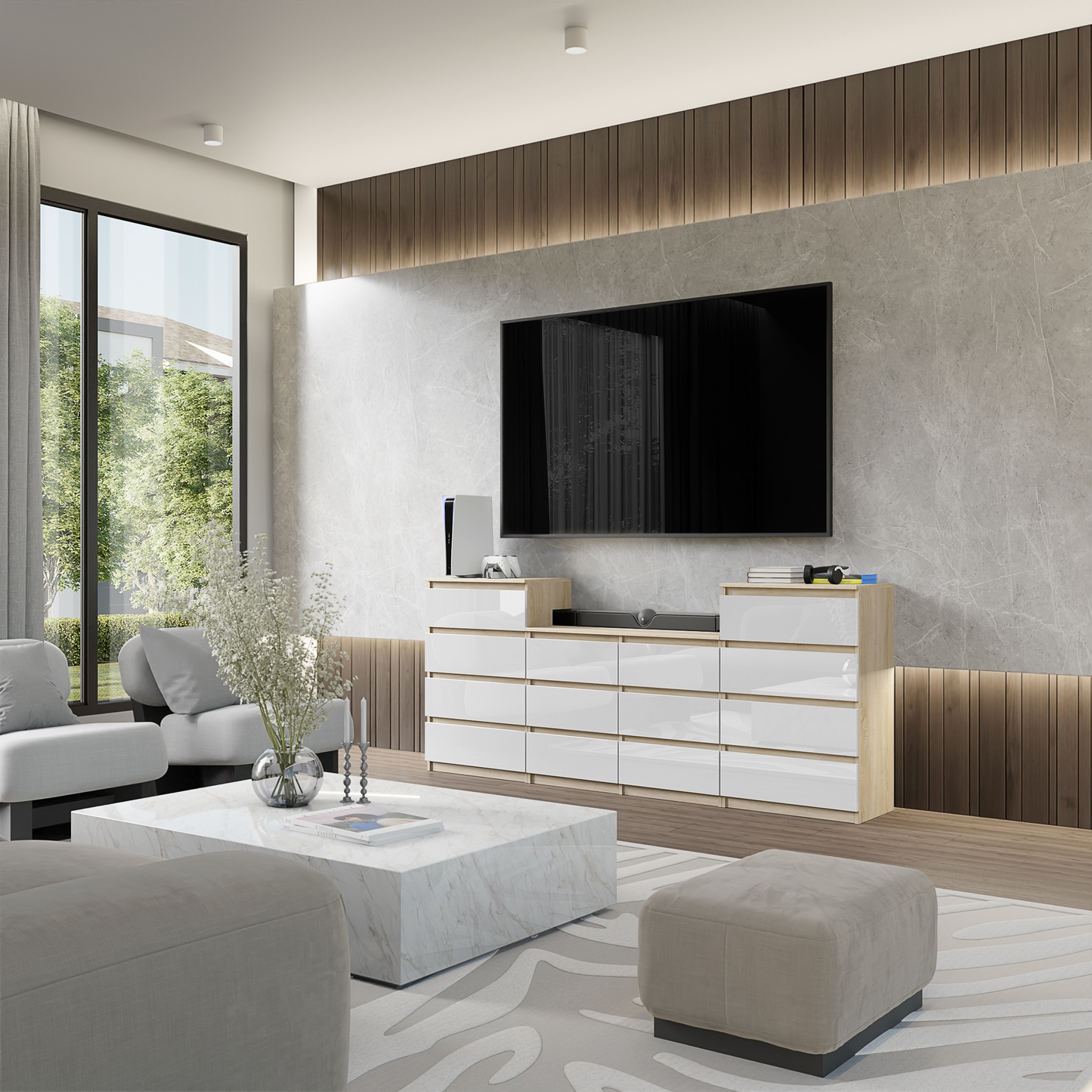 GABRIEL - Kommode / Sideboard mit 14 Schubladen (4+6+4) - Sonoma Eiche / Weiß Gloss