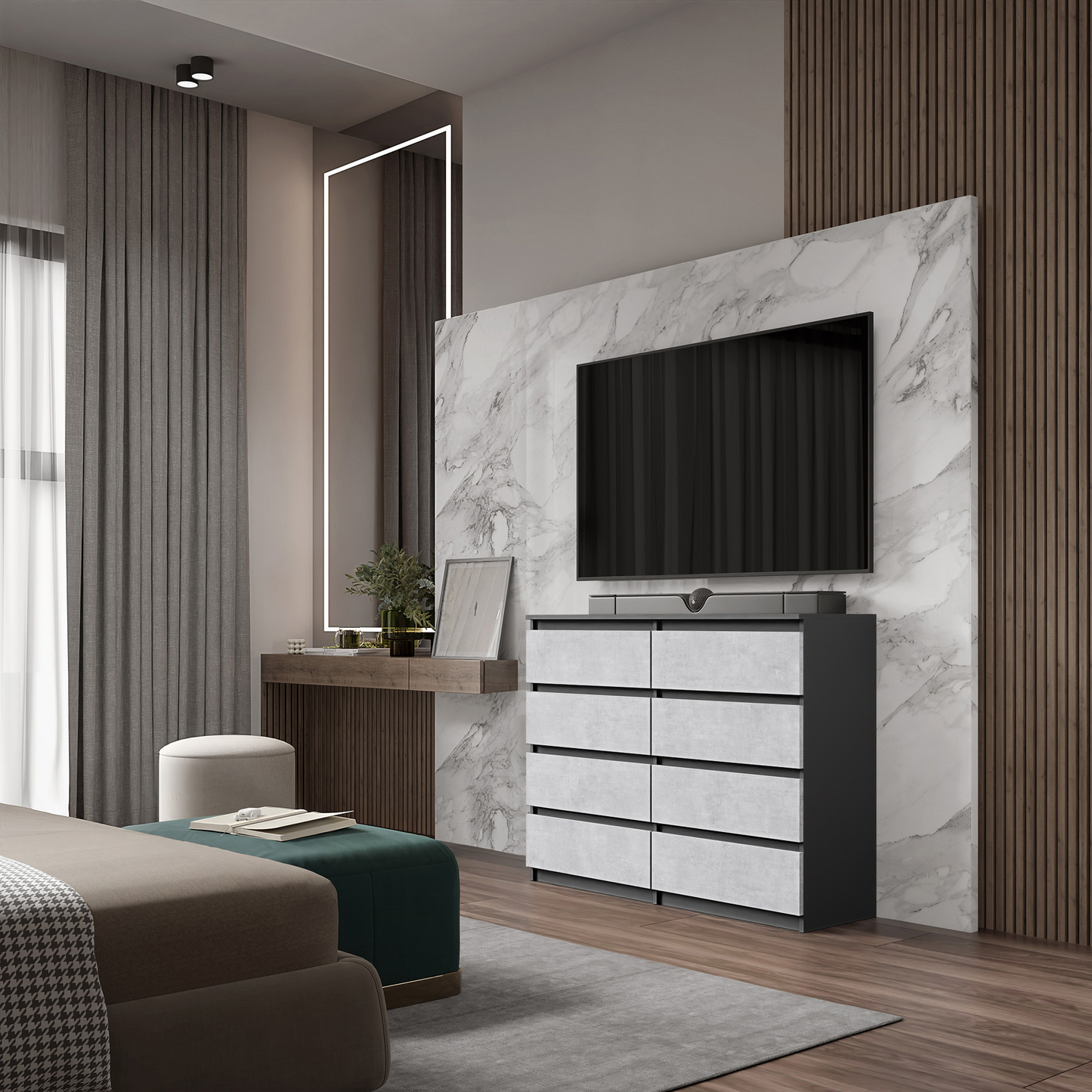 GABRIEL - Kommode / Sideboard mit 8 Schubladen - Anthrazit / Concrete H92cm B120cm T33cm