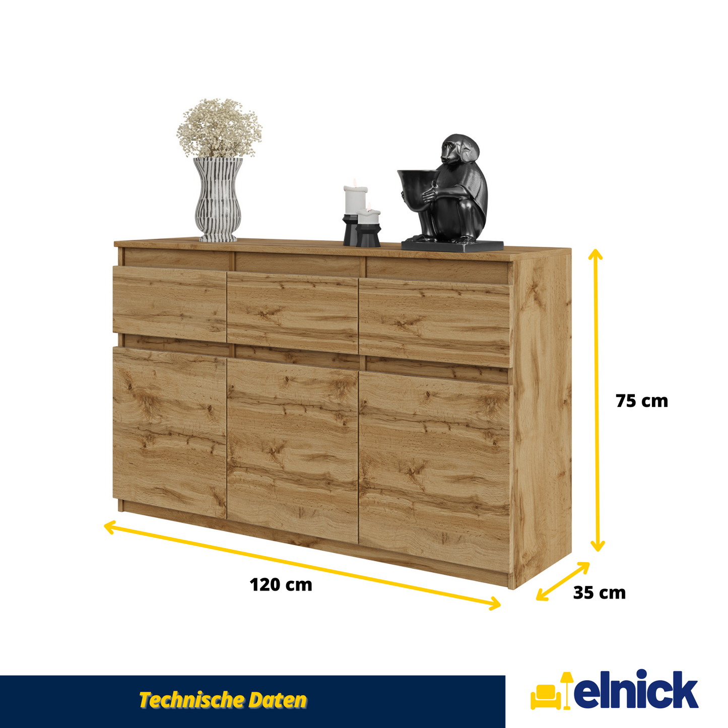 NOAH - Kommode / Sideboard mit 3 Schubladen und 3 Türen - Wotan Eiche