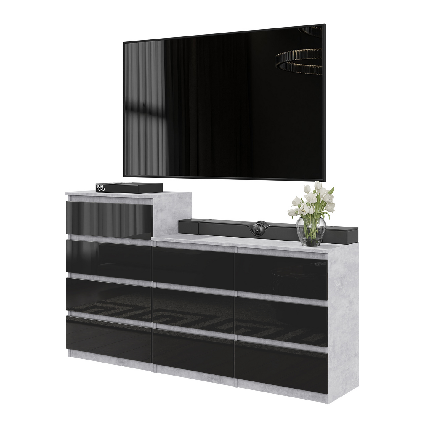 GABRIEL - Kommode / Sideboard mit 10 Schubladen (6+4) - Beton-Optik / Schwarz Gloss
