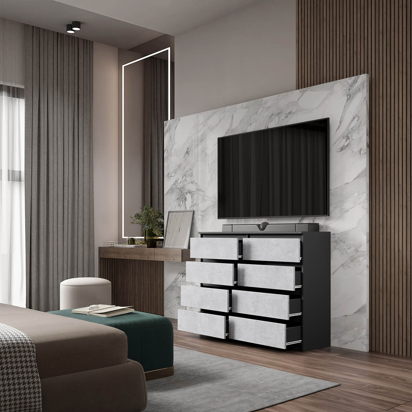 GABRIEL - Kommode / Sideboard mit 8 Schubladen - Anthrazit / Concrete H92cm B120cm T33cm