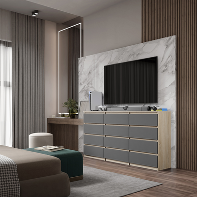 GABRIEL - Kommode / Sideboard mit 12 Schubladen (8+4) - Sonoma Eiche / Anthrazit