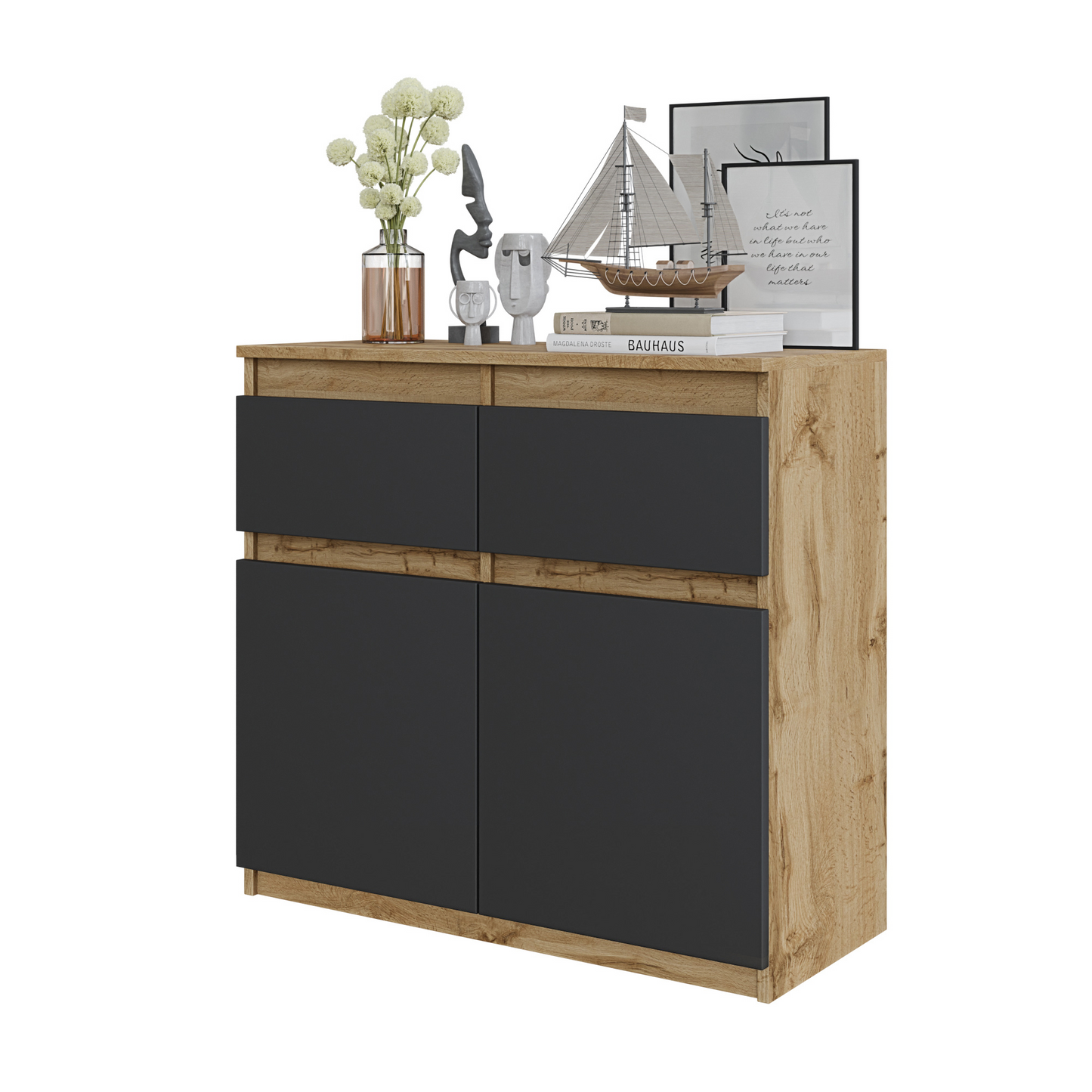 NOAH - Kommode / Sideboard mit 2 Schubladen und 2 Türen - Wotan Eiche / Anthrazit Grau