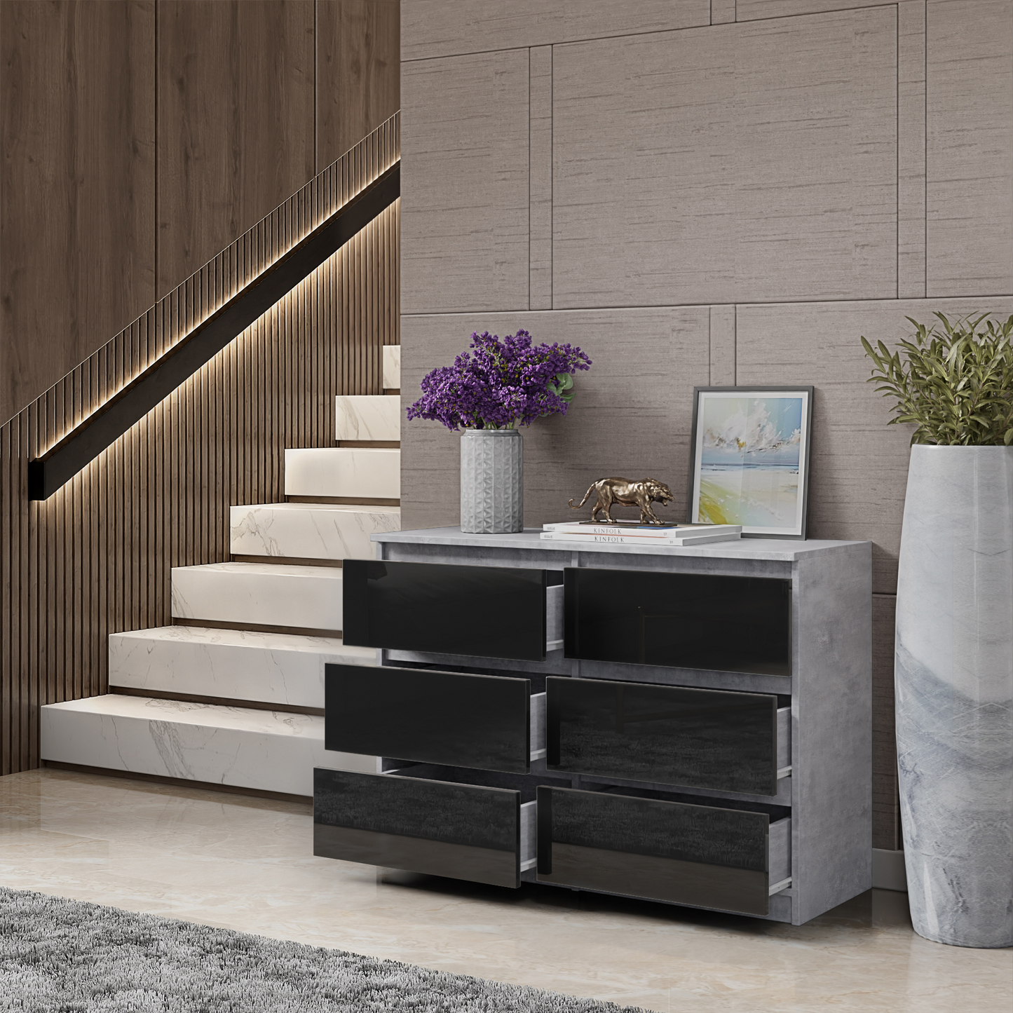 GABRIEL - Kommode / Sideboard mit 6 Schubladen - Beton / Schwarz Glanz H71cm B100cm T33cm