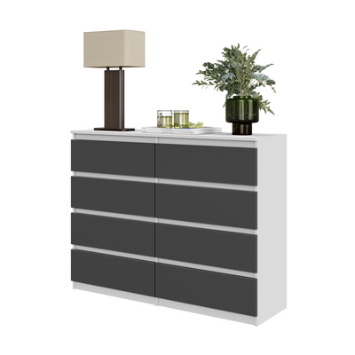 GABRIEL - Kommode / Sideboard mit 8 Schubladen - Weiß Matt / Anthrazit H92cm B120cm T33cm