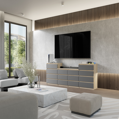 GABRIEL - Kommode / Sideboard mit 14 Schubladen (4+6+4) - Sonoma Eiche / Anthrazit