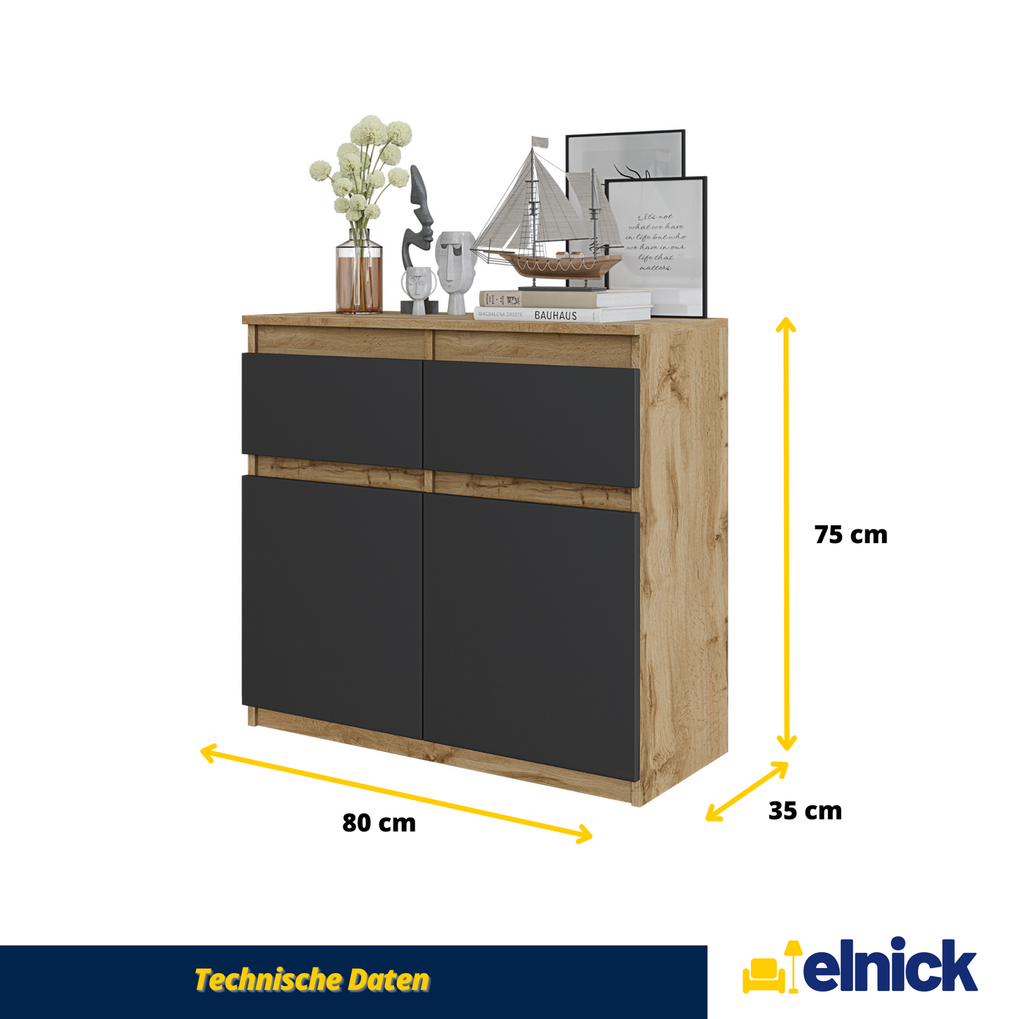 NOAH - Kommode / Sideboard mit 2 Schubladen und 2 Türen - Wotan Eiche / Anthrazit Grau