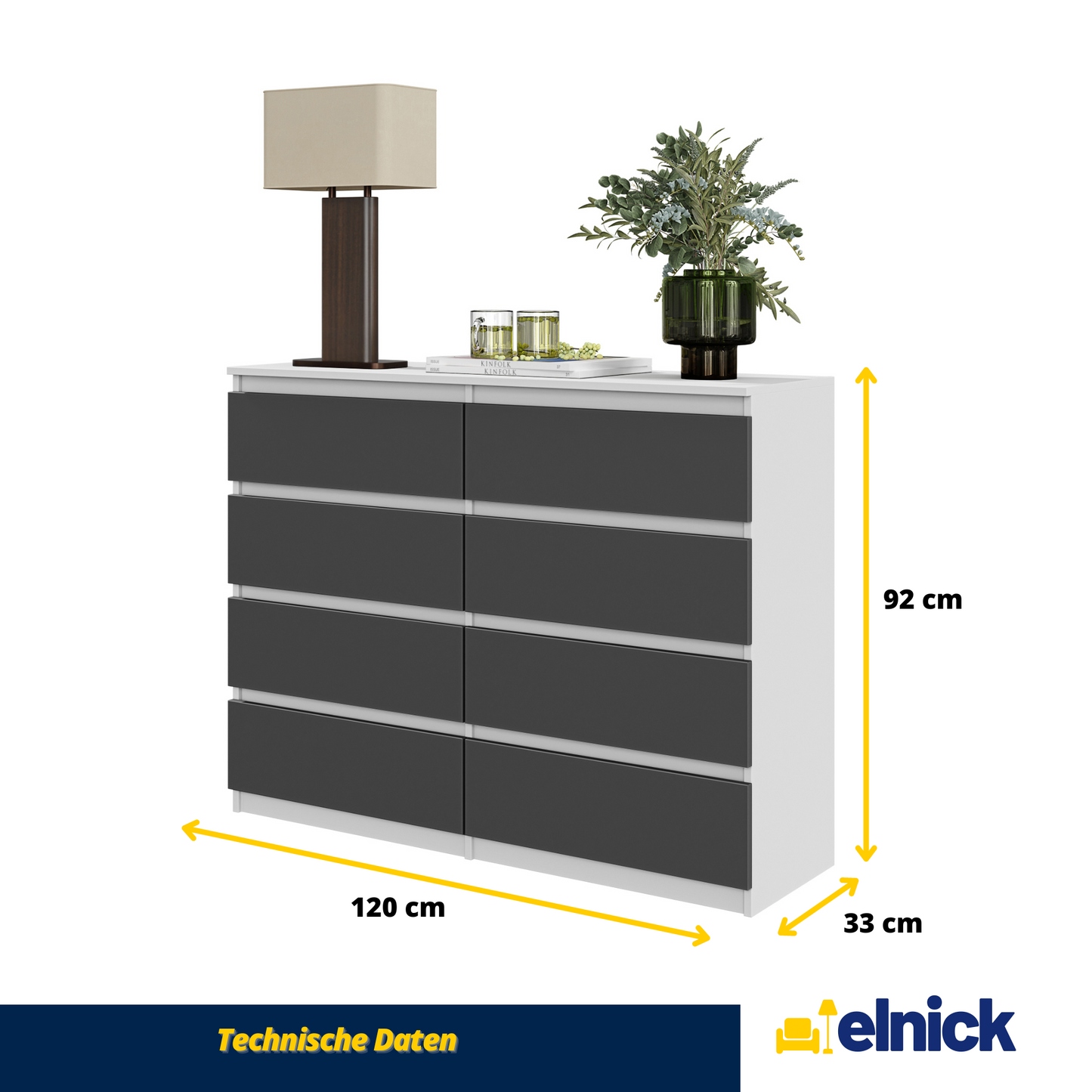GABRIEL - Kommode / Sideboard mit 8 Schubladen - Weiß Matt / Anthrazit H92cm B120cm T33cm