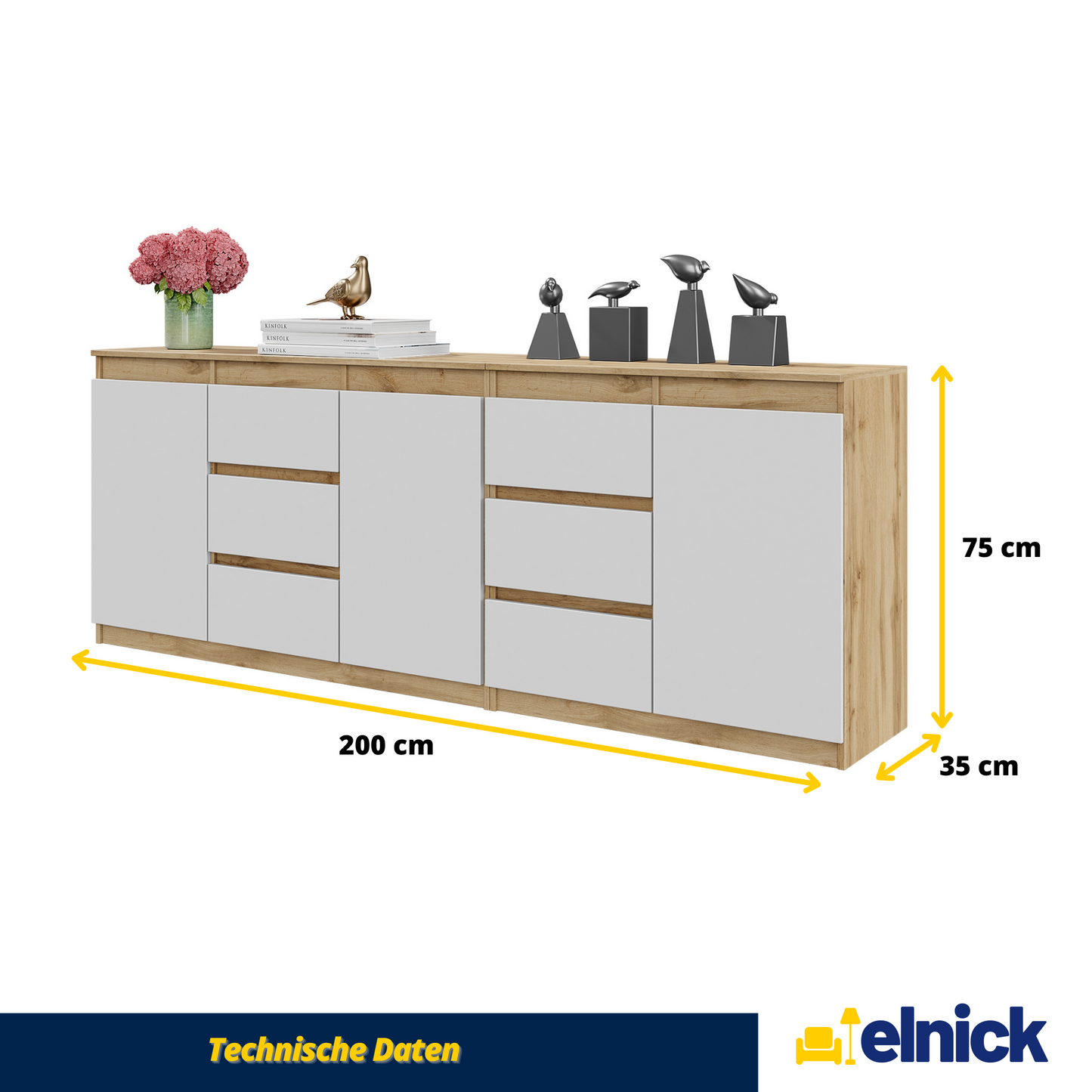 MIKEL - Kommode / Sideboard mit 6 Schubladen und 3 Türen - Wotan Eiche / Weiß Matt