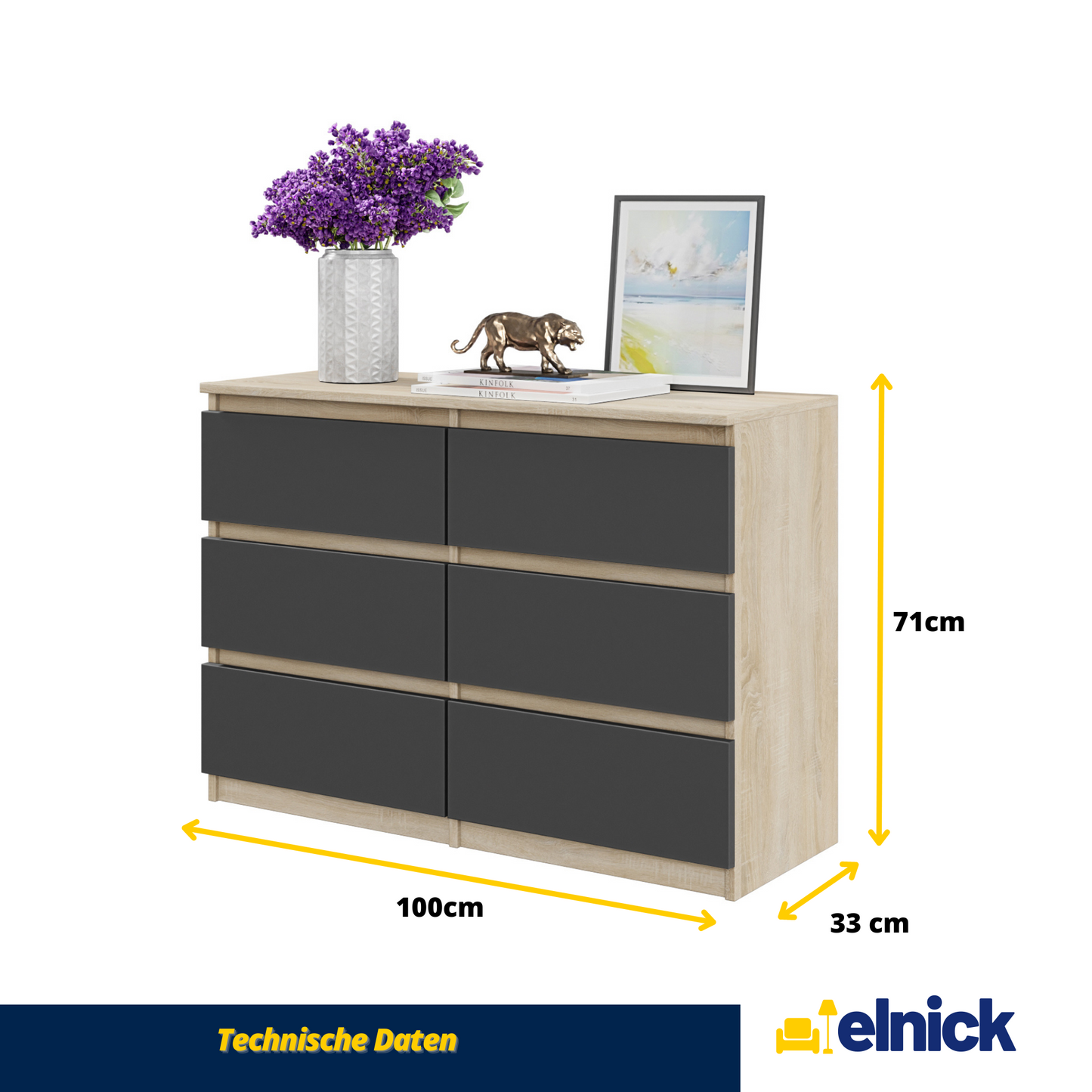 GABRIEL - Kommode / Sideboard mit 6 Schubladen - Sonoma Eiche / Anthrazit H71cm B100cm T33cm