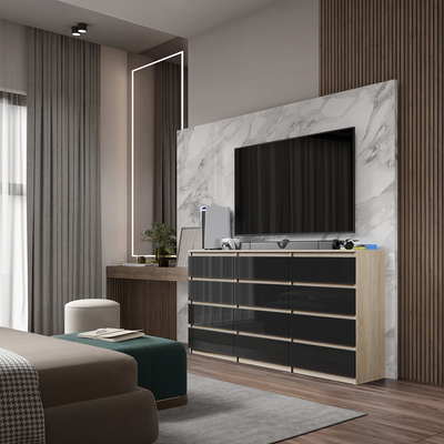 GABRIEL - Kommode / Sideboard mit 12 Schubladen (8+4) - Sonoma Eiche / Schwarz Gloss