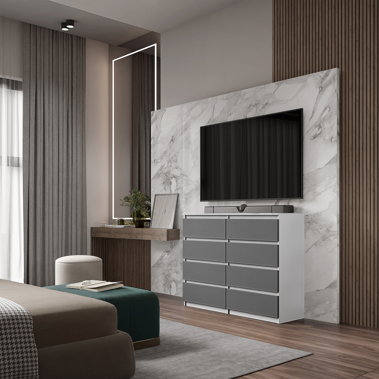 GABRIEL - Kommode / Sideboard mit 8 Schubladen - Weiß Matt / Anthrazit H92cm B120cm T33cm
