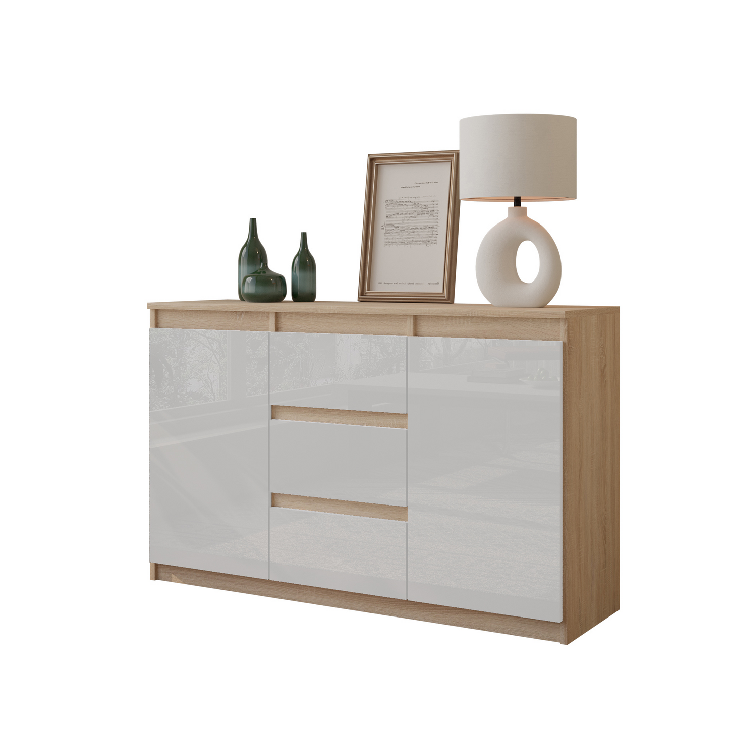 MIKEL - Kommode / Sideboard mit 3 Schubladen und 2 Türen - Sonoma Eiche / Weiß Gloss