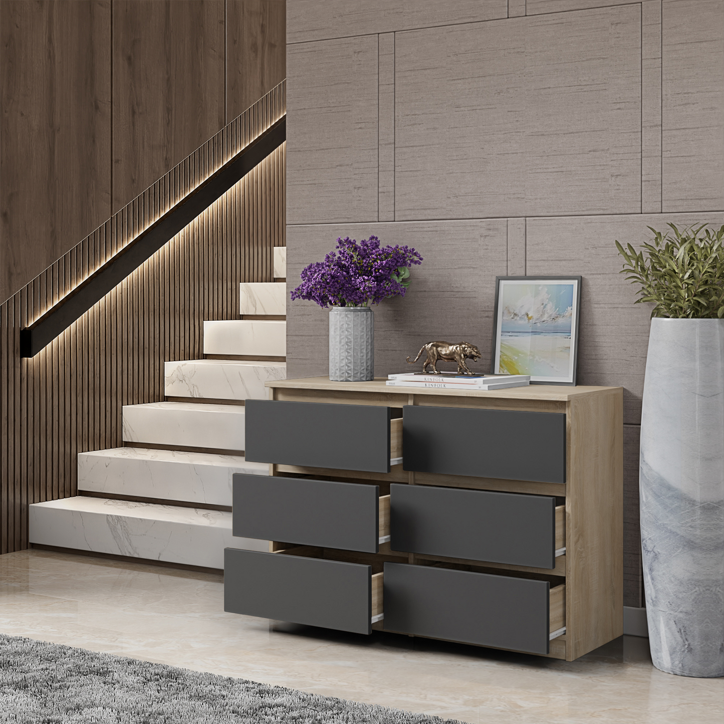 GABRIEL - Kommode / Sideboard mit 6 Schubladen - Sonoma Eiche / Anthrazit H71cm B100cm T33cm