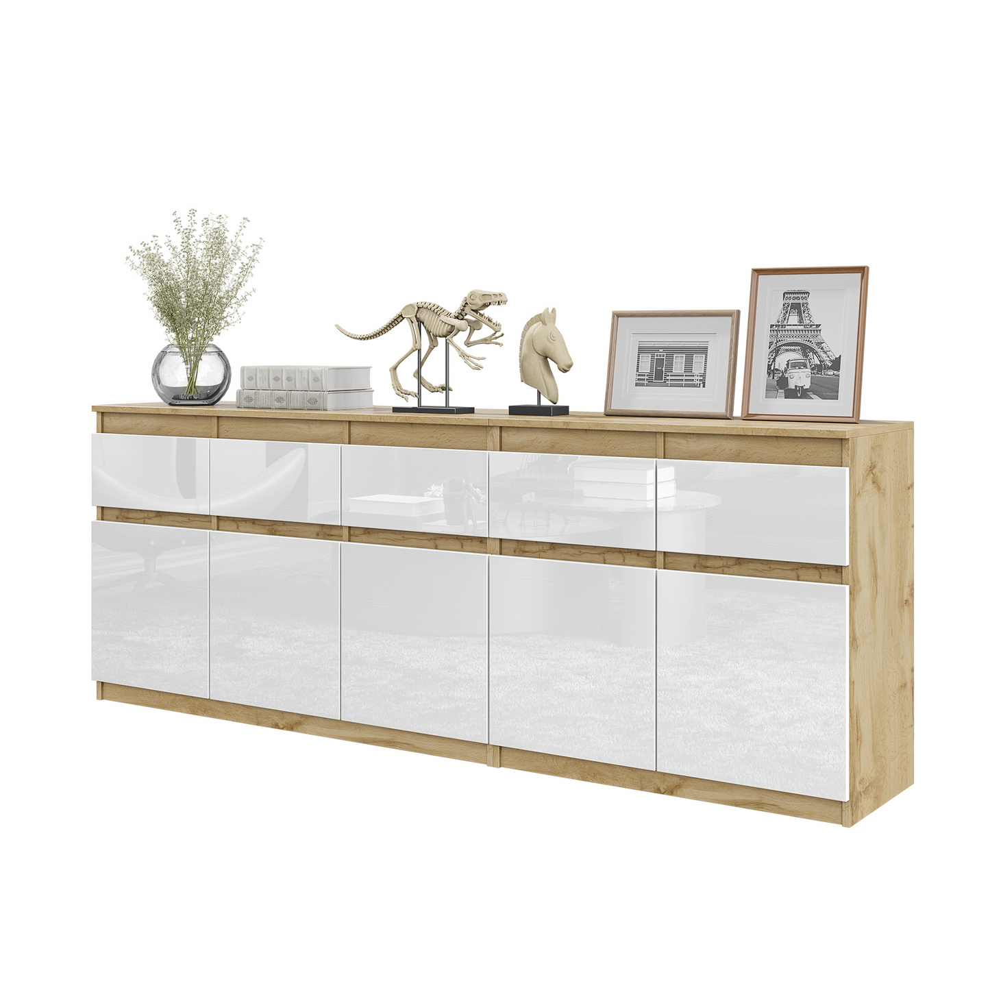 NOAH - Kommode / Sideboard mit 5 Schubladen und 5 Türen - Wotan Eiche / Weiß Gloss