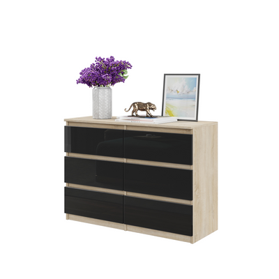 GABRIEL - Kommode / Sideboard mit 6 Schubladen - Sonoma Eiche / Schwarz Glanz H71cm B100cm T33cm