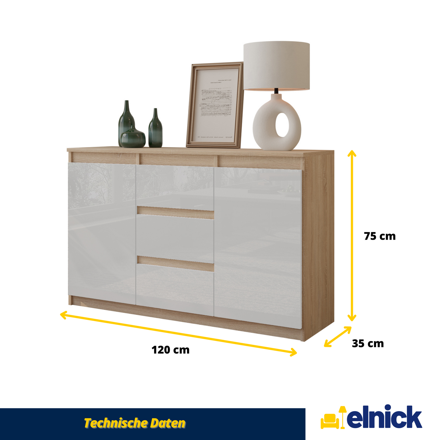 MIKEL - Kommode / Sideboard mit 3 Schubladen und 2 Türen - Sonoma Eiche / Weiß Gloss